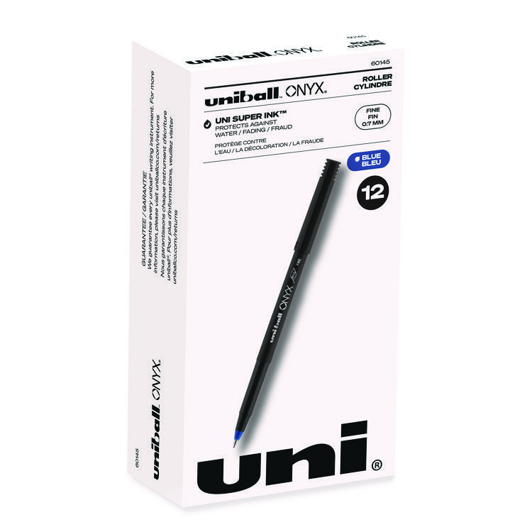 ONYX Rollerball Pen, Stick, Fine 0.7 mm, Blue Ink, Black/Blue Barrel, Dozen